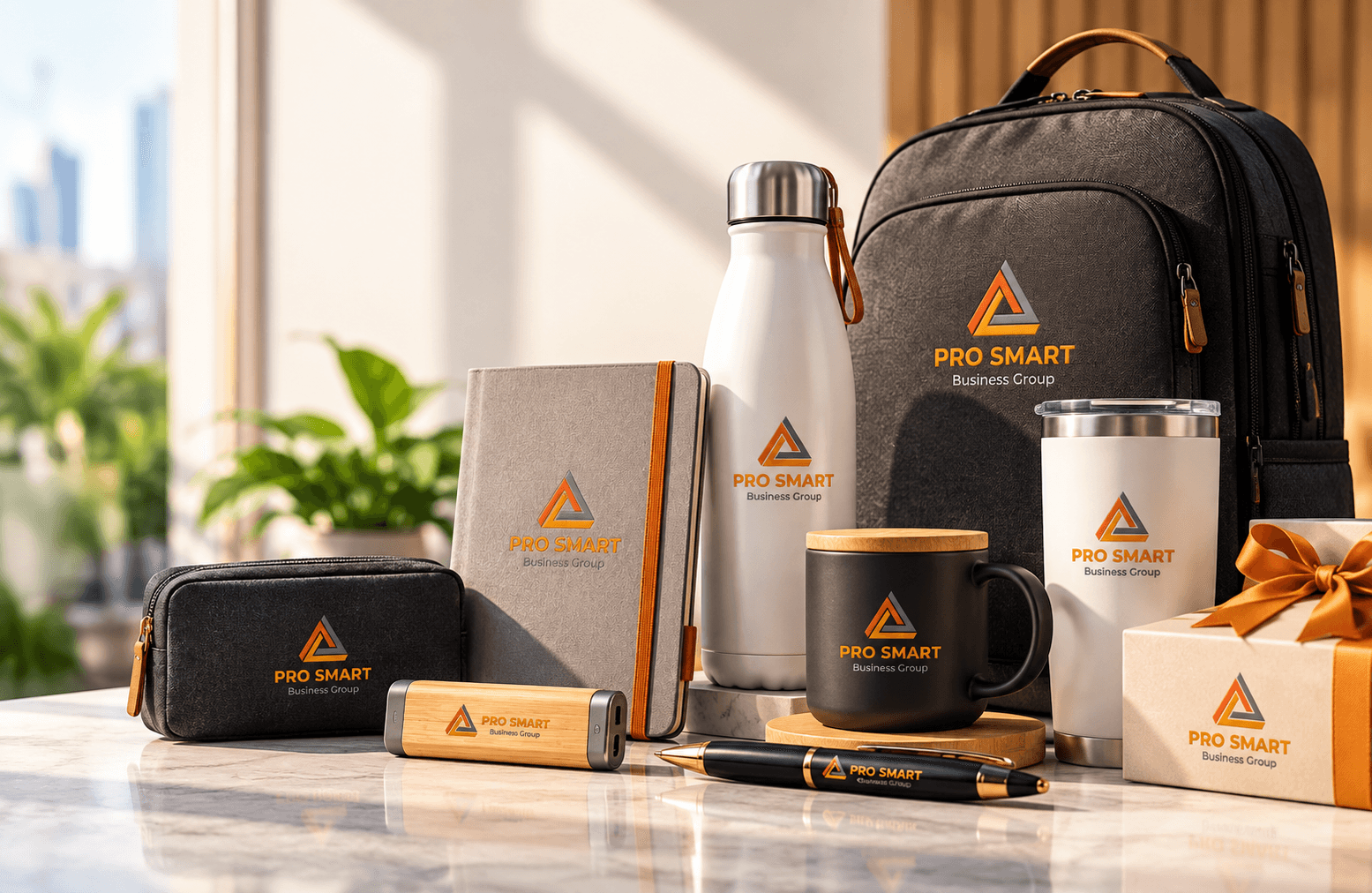 Pro Smart promotional products arranged in a bright office